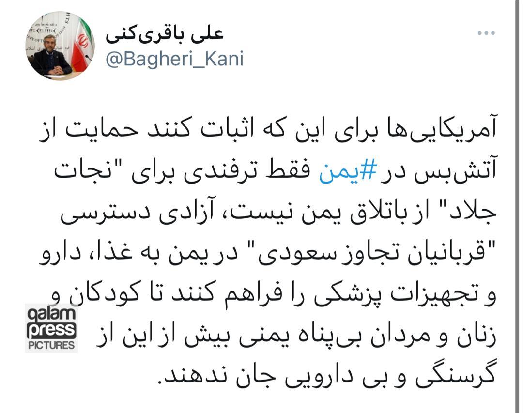 واکنش باقریکنی به ادعای آمریکا درباره آتش بس در یمن