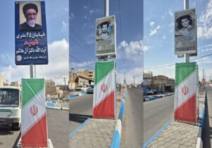 نصب تصاویر شهدای والامقام و پرچم جمهوری اسلامی ایران در مسیر خیابان جدید الاحداث ۴۵ متری شهید دکتر آل هاشم