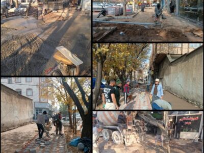تداوم عملیات زیرسازی و کفسازی پیاده رو مسیر رفت چهار راه عباسی تا یوسف آباد